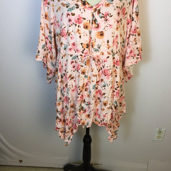 Torrid Blouse Tunic Top 2X Womans Plus Pink Floral Criss Cross Back Drawstring - Picture 12 of 15